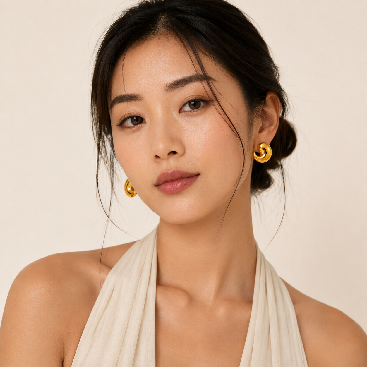 A woman with dark hair tied back wearing gold crescent-shaped stud earrings.