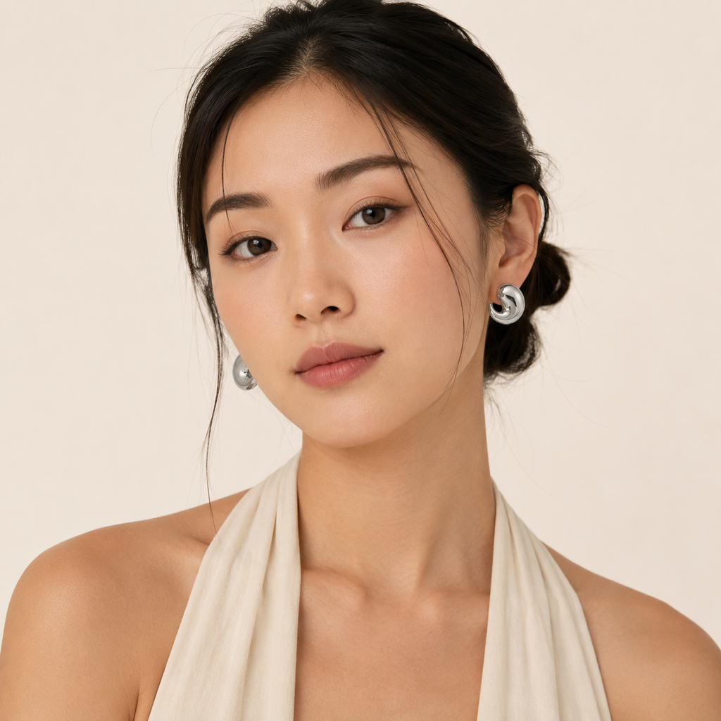 A woman with dark hair tied back wearing silver crescent-shaped stud earrings.