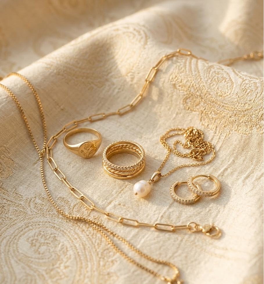Gold jewelry including necklaces and rings on a textured beige surface