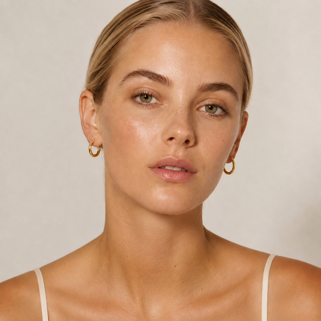 A close-up portrait of a woman wearing small gold hoop earrings.