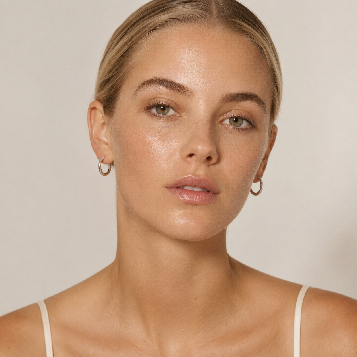 A close-up portrait of a woman wearing small silver hoop earrings.
