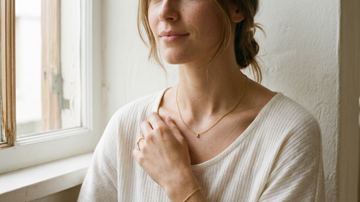 Woman wearing a delicate necklace in a softly lit room.