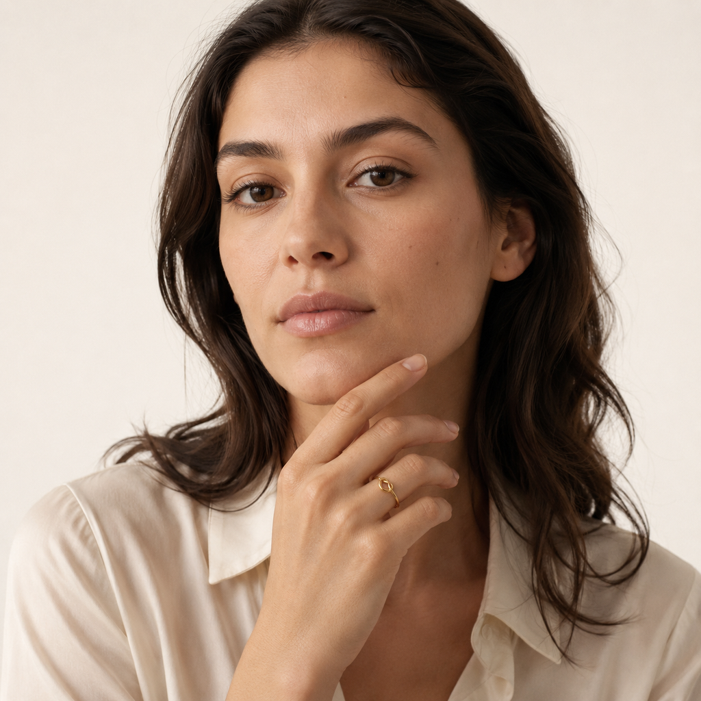 A close-up portrait of a woman with dark brown hair wearing a delicate gold ring on her finger with a love-knot detail.