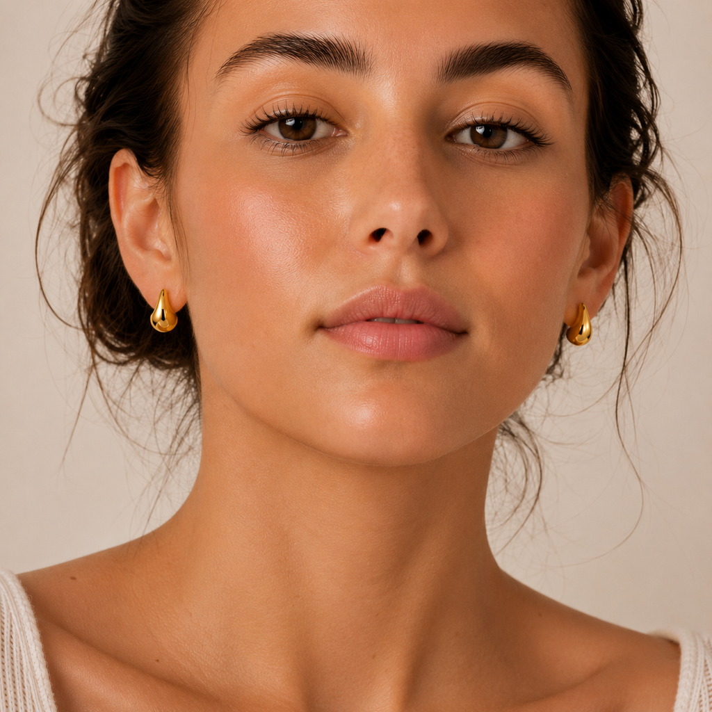 A close-up of a woman wearing small gold teardrop-shaped earrings.