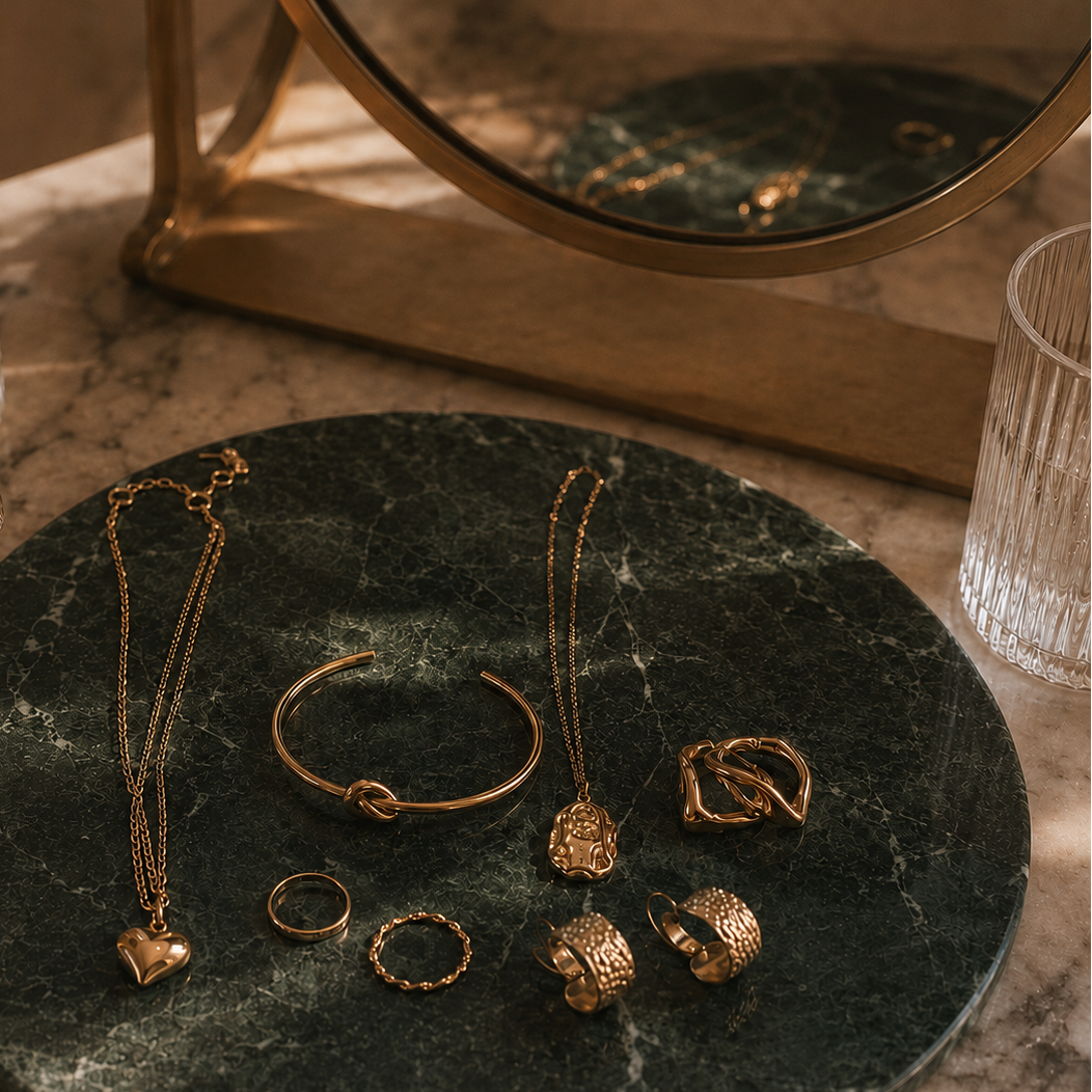 A styled flat-lay of gold jewelry, including necklaces, bracelets, and rings, arranged on a round dark green marble tray on a marble surface next to a gold-framed mirror.