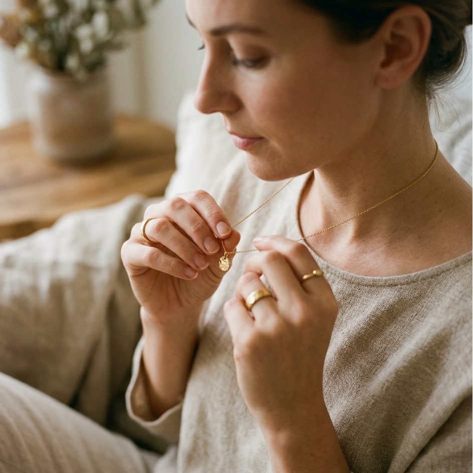 Woman examining a gold necklace in a cozy indoor setting