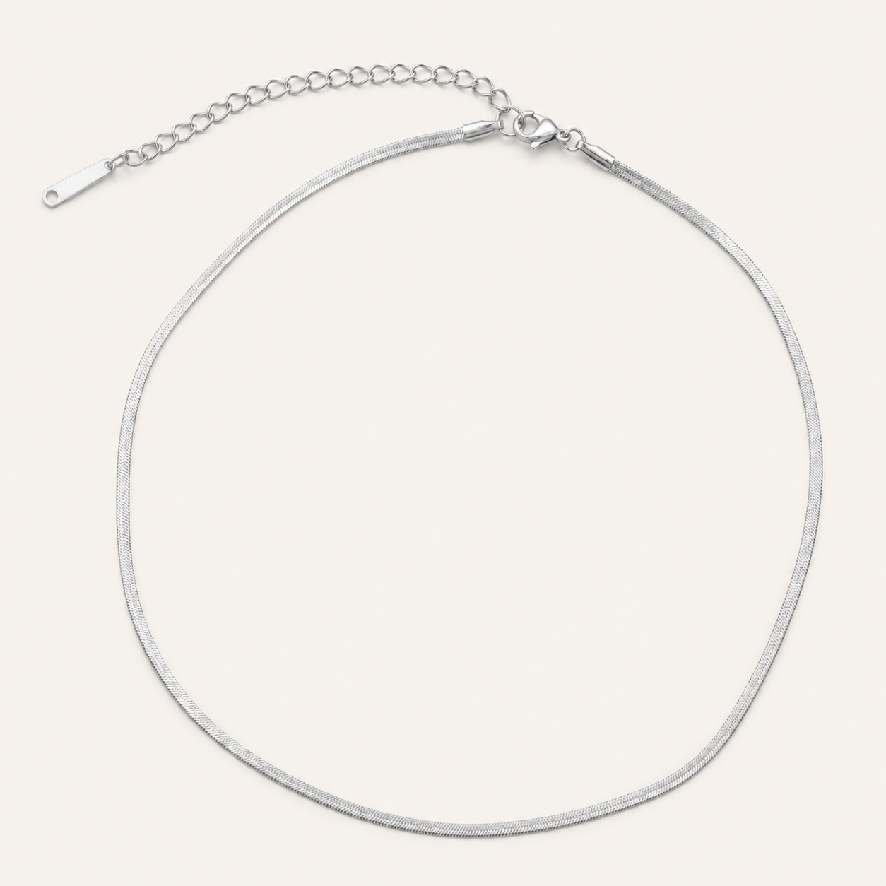 A silver-toned snake chain necklace with a lobster clasp and an adjustable extension chain.
