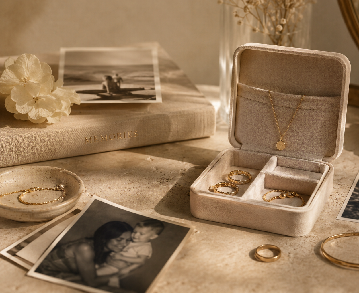 Gold jewellery displayed alongside cherished photographs and keepsakes
