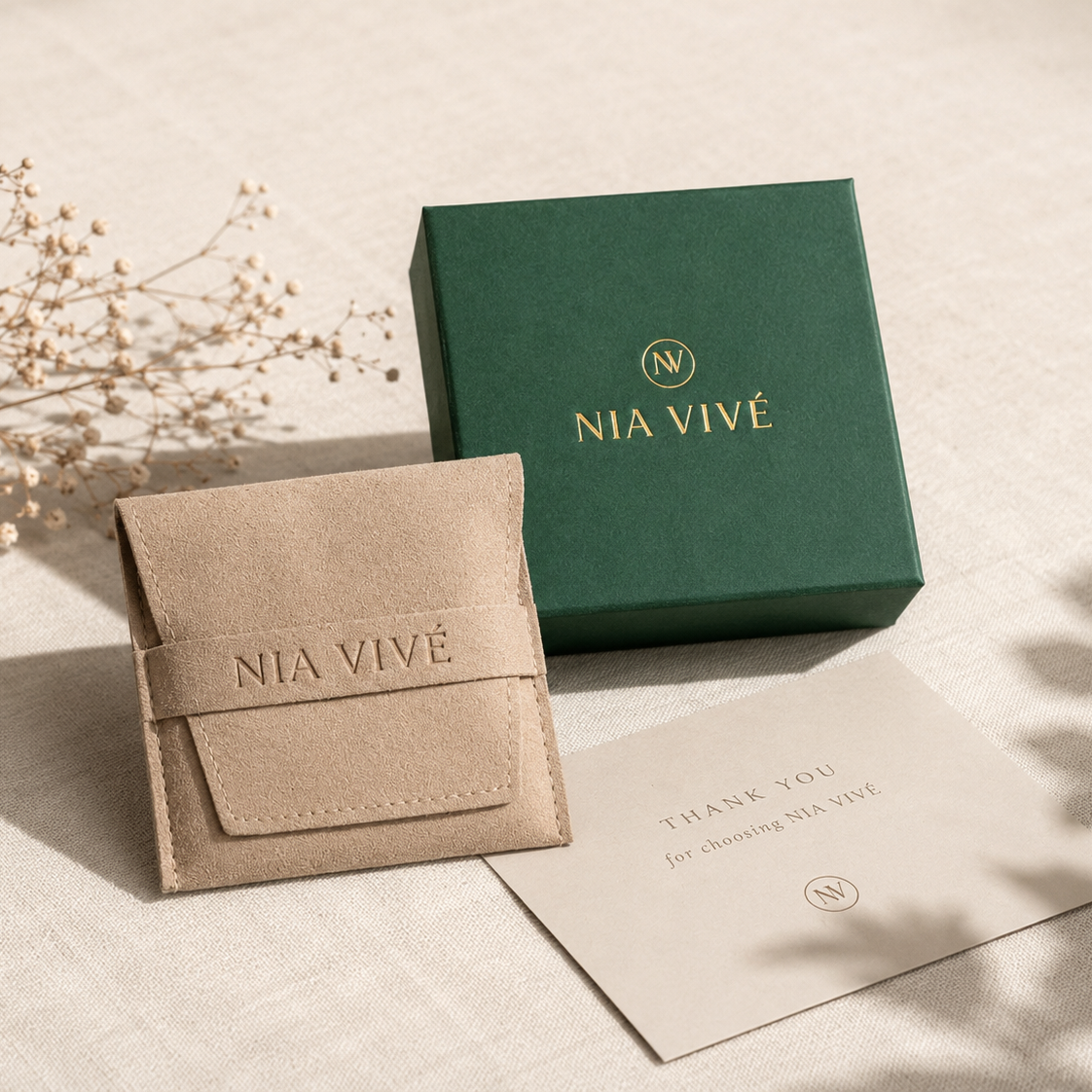  Nia Vivé luxury jewellery gift box and suede pouch packaging