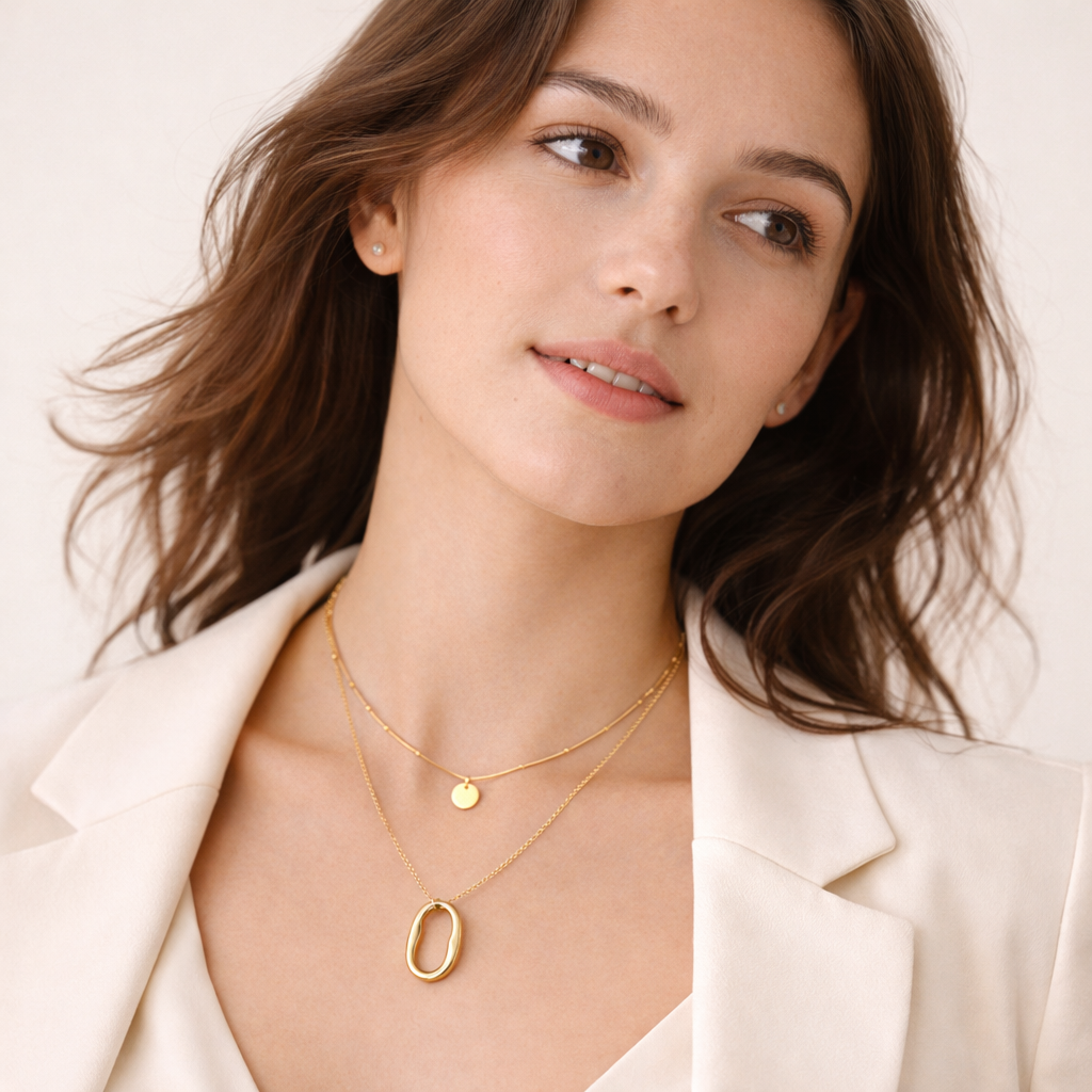 Model wearing oval pendant layered gold necklace