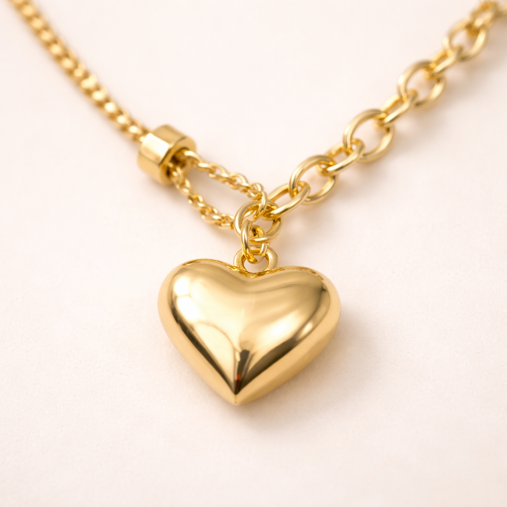 Gold heart-shaped pendant on a chain against a white background