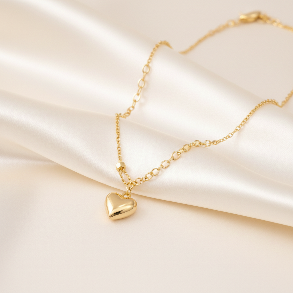 Gold heart-shaped pendant necklace on a satin surface